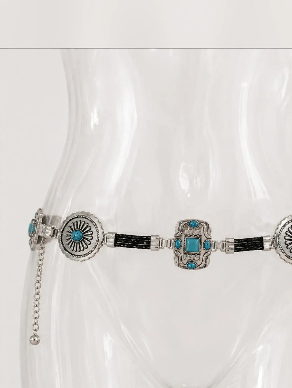 Silver Concho Belt with Black Braided Cord and Turquoise Accents